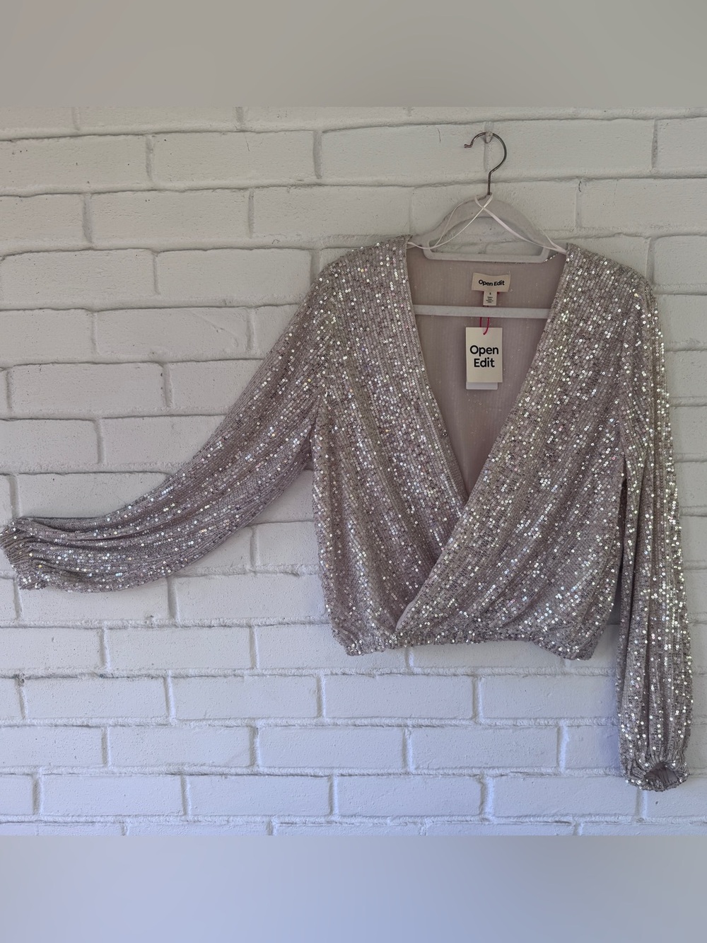 OPEN EDIT Sequin Long-Sleeve Wrap Blouse - Womens SMALL *NWT* - Picture 8 of 13